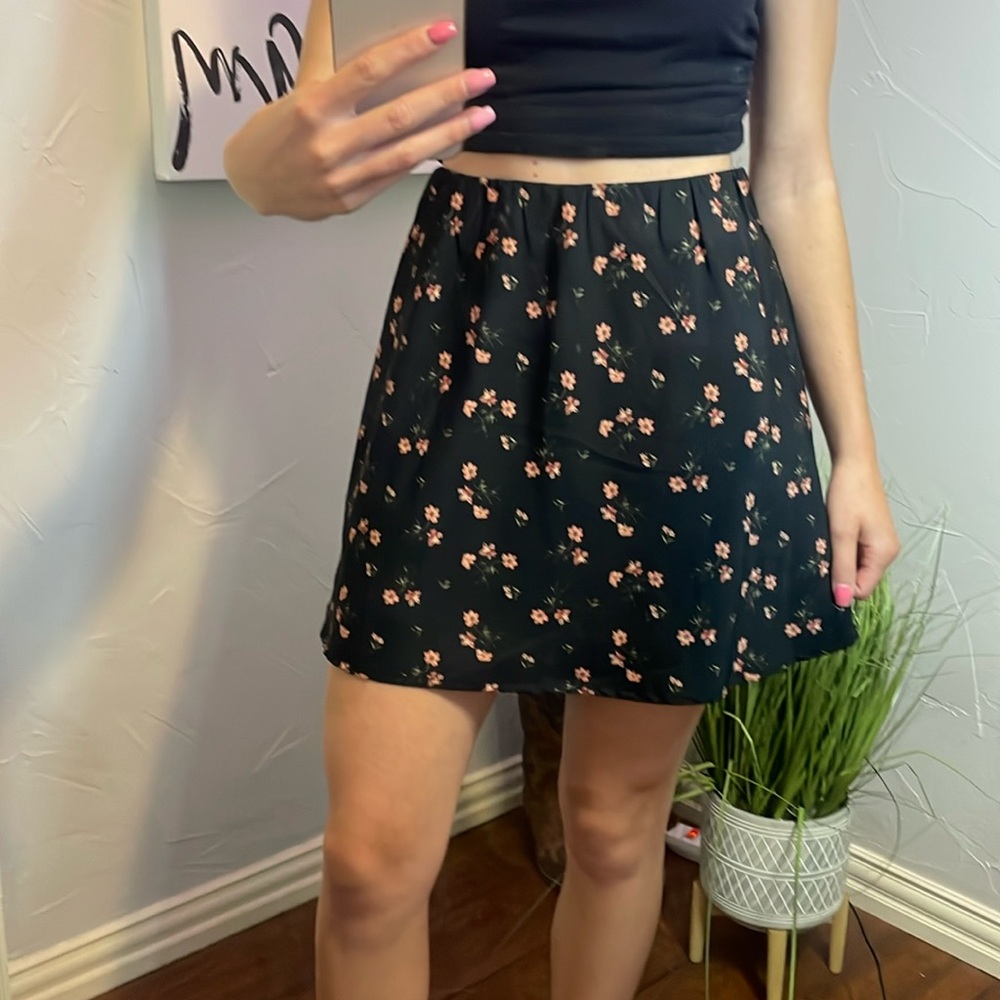 Black floral silk skirt